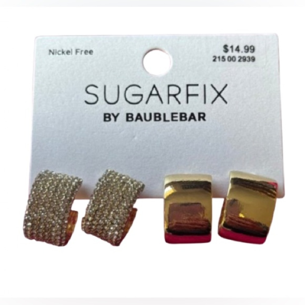 NWT Sugarfix by BaubleBar Crystal Gold Huggie Hoop Post Earrings Set of Two